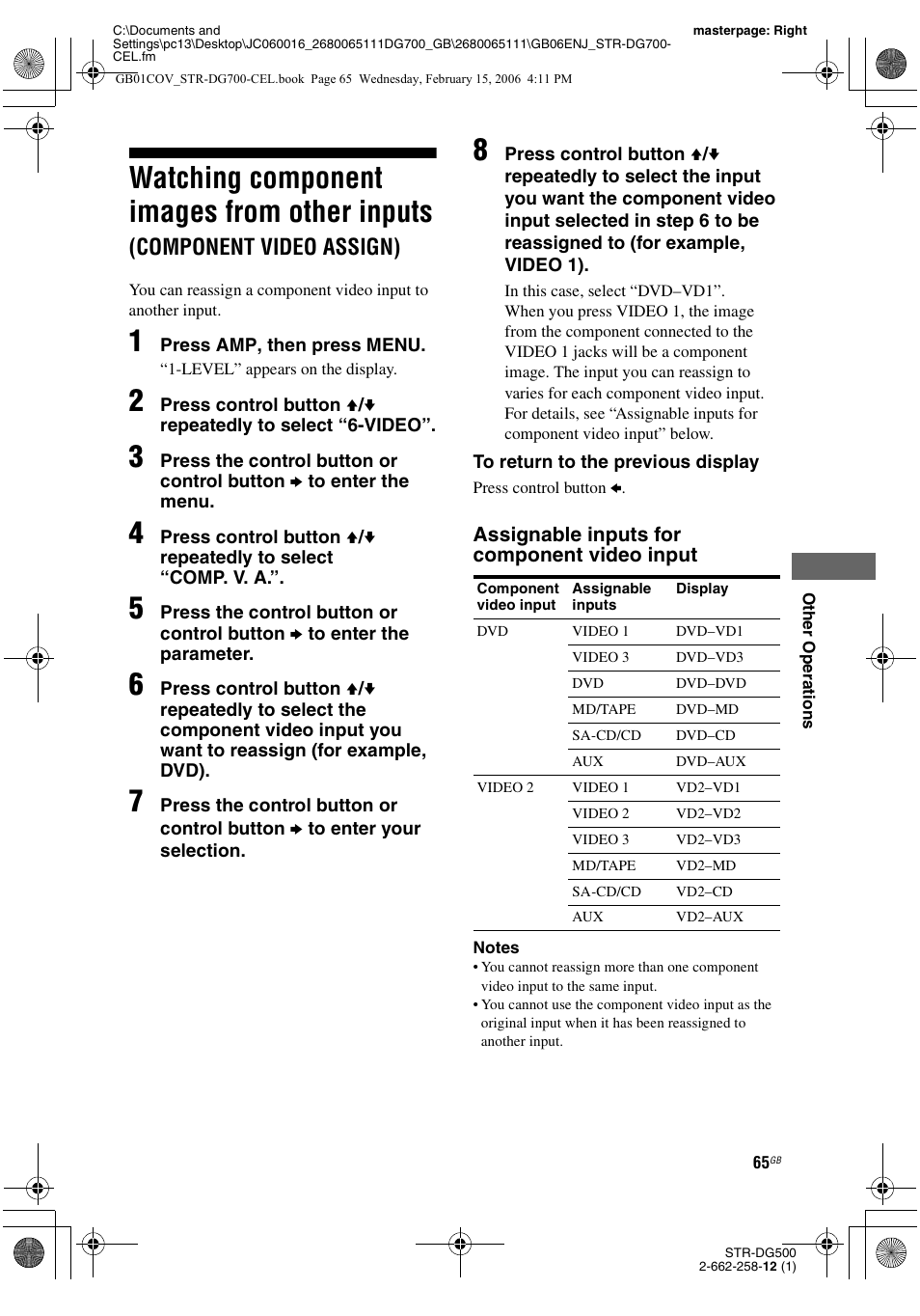 Watching component images from, Other inputs, Component video assign) | Watching component images from other inputs | Sony STR-DG700 User Manual | Page 65 / 84