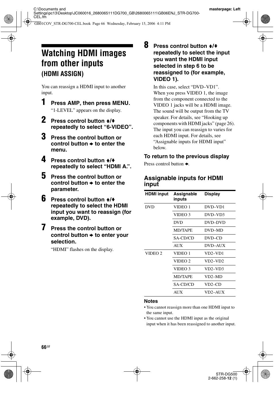 Watching hdmi images from other, Inputs (hdmi assign), Watching hdmi images from other inputs | Hdmi assign) | Sony STR-DG700 User Manual | Page 66 / 84