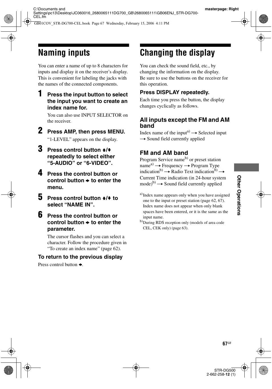 Naming inputs, Changing the display, Naming inputs changing the display | Sony STR-DG700 User Manual | Page 67 / 84