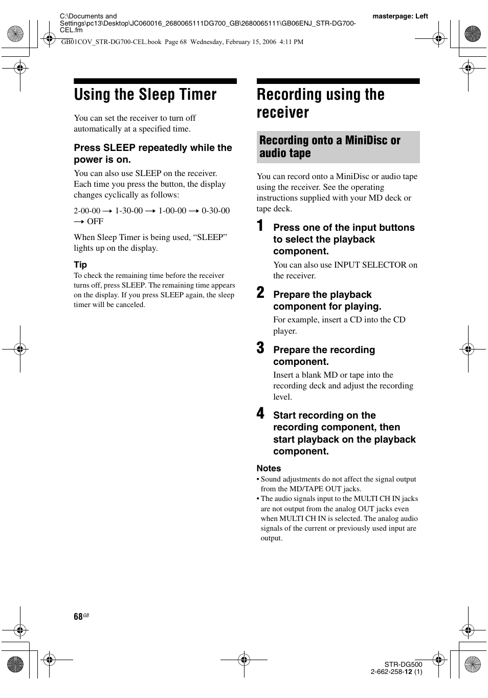 Using the sleep timer, Recording using the receiver, Using the sleep timer recording using the receiver | Recording onto a minidisc or audio tape | Sony STR-DG700 User Manual | Page 68 / 84