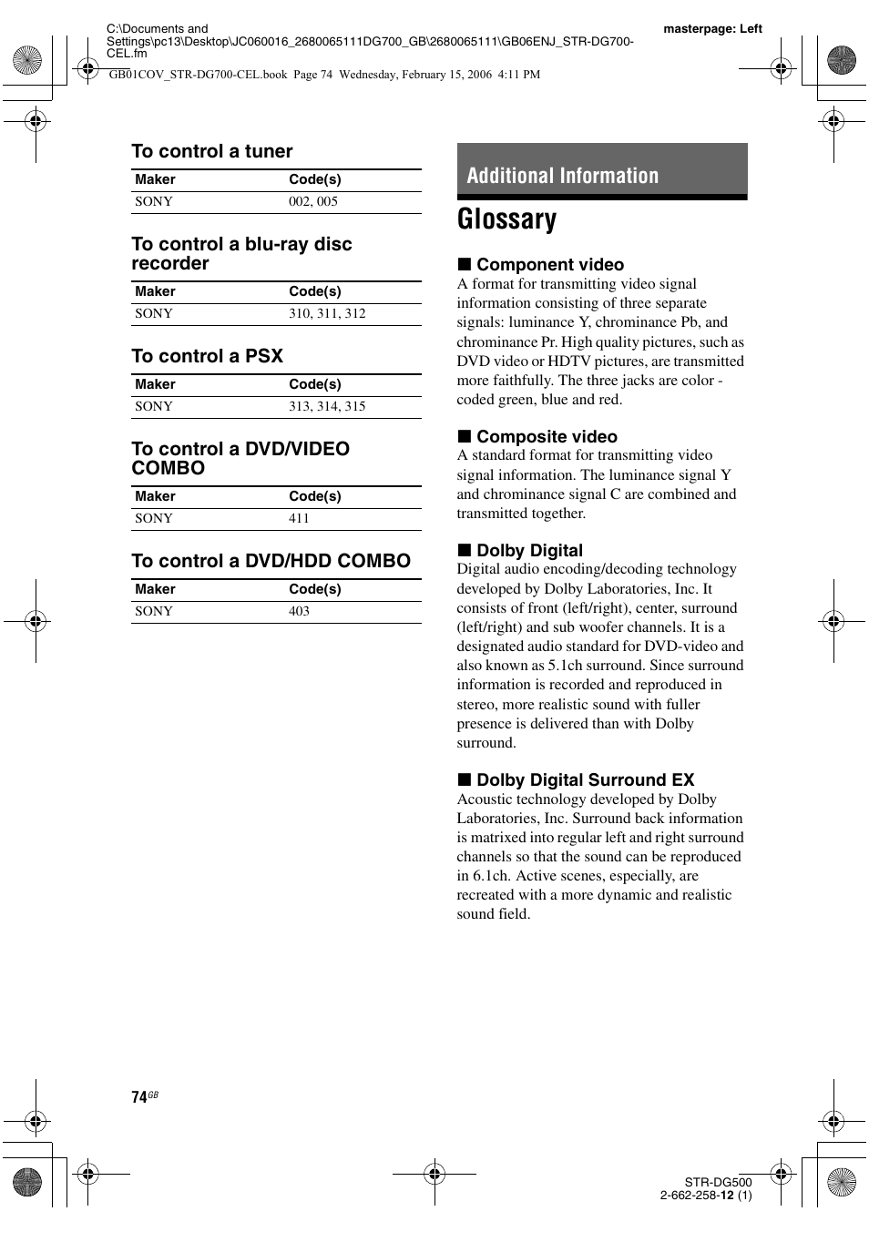 Additional information, Glossary | Sony STR-DG700 User Manual | Page 74 / 84