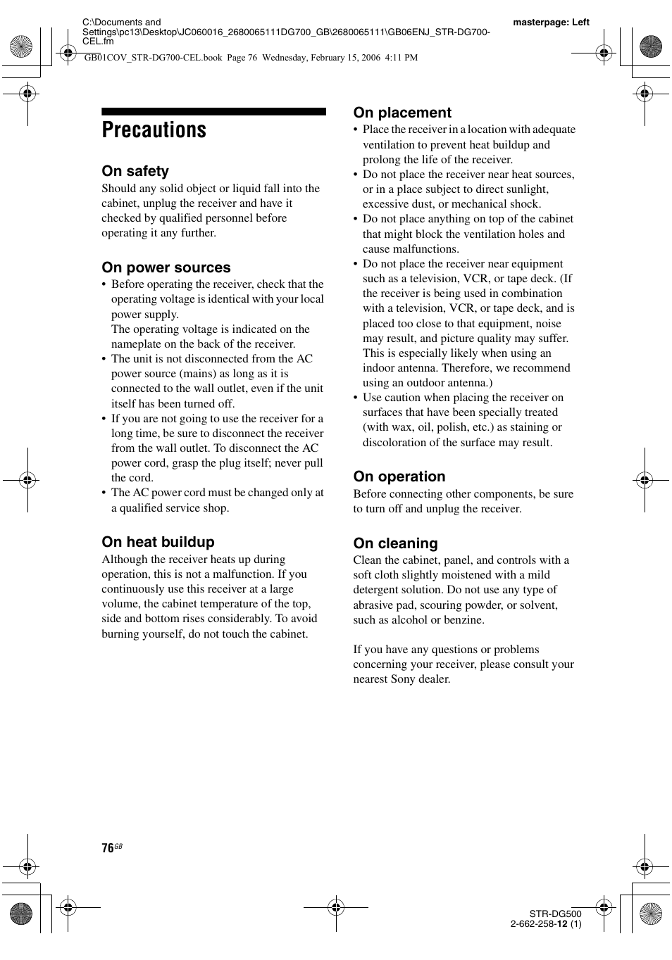 Precautions, On safety, On power sources | On heat buildup, On placement, On operation, On cleaning | Sony STR-DG700 User Manual | Page 76 / 84