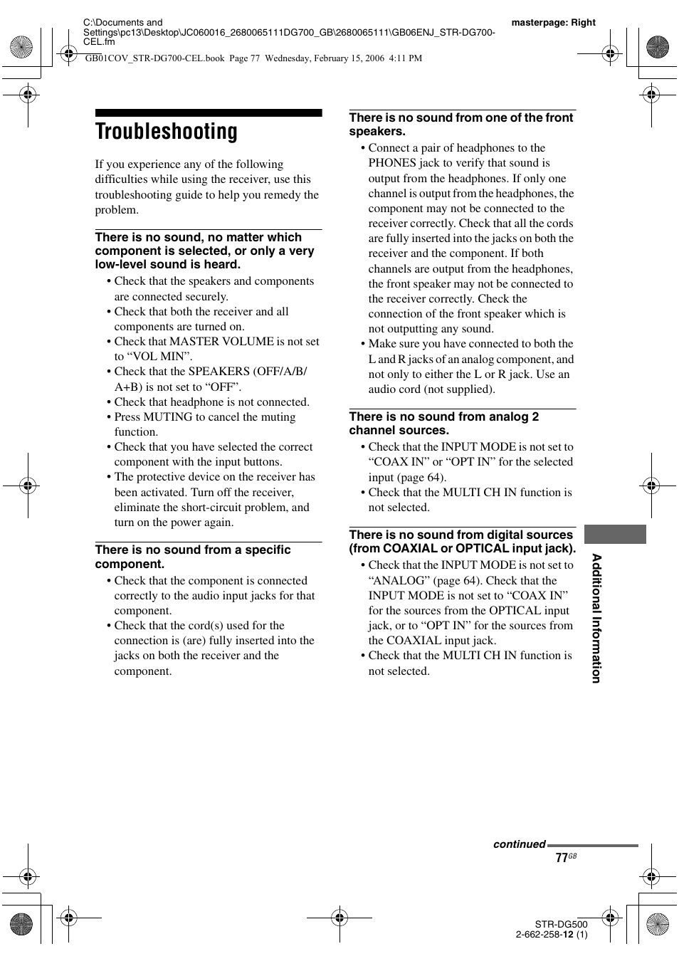 Troubleshooting | Sony STR-DG700 User Manual | Page 77 / 84