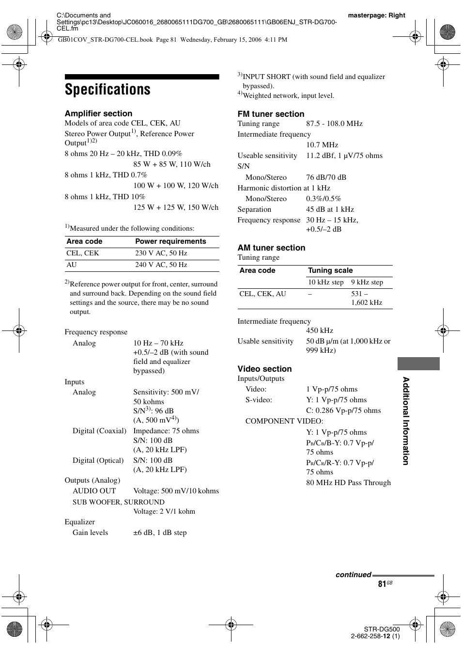 Specifications | Sony STR-DG700 User Manual | Page 81 / 84