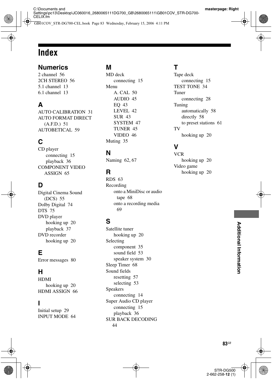 Index, Numerics | Sony STR-DG700 User Manual | Page 83 / 84