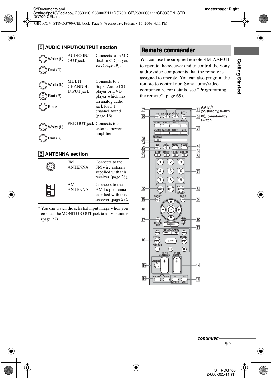 Remote commander, Gettin g sta rted, Continued | Sony STR-DG700 User Manual | Page 9 / 84