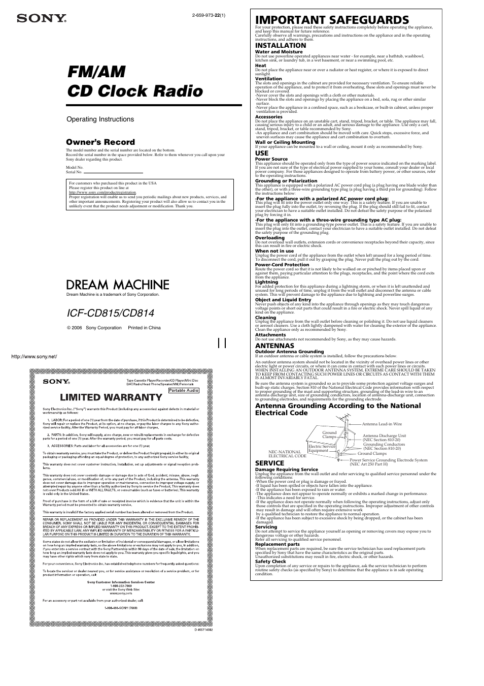 Sony DREAM MACHINE ICF-CD814 User Manual | 2 pages