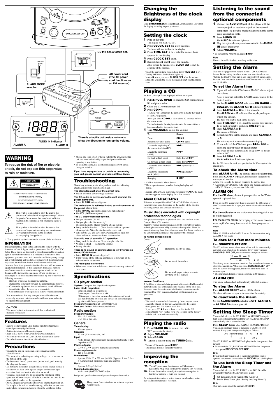 Setting the alarm, Setting the sleep timer, Changing the brightness of the clock display | Setting the clock, Playing a cd, Playing the radio, Improving the reception, Warning, Features, Precautions | Sony DREAM MACHINE ICF-CD814 User Manual | Page 2 / 2