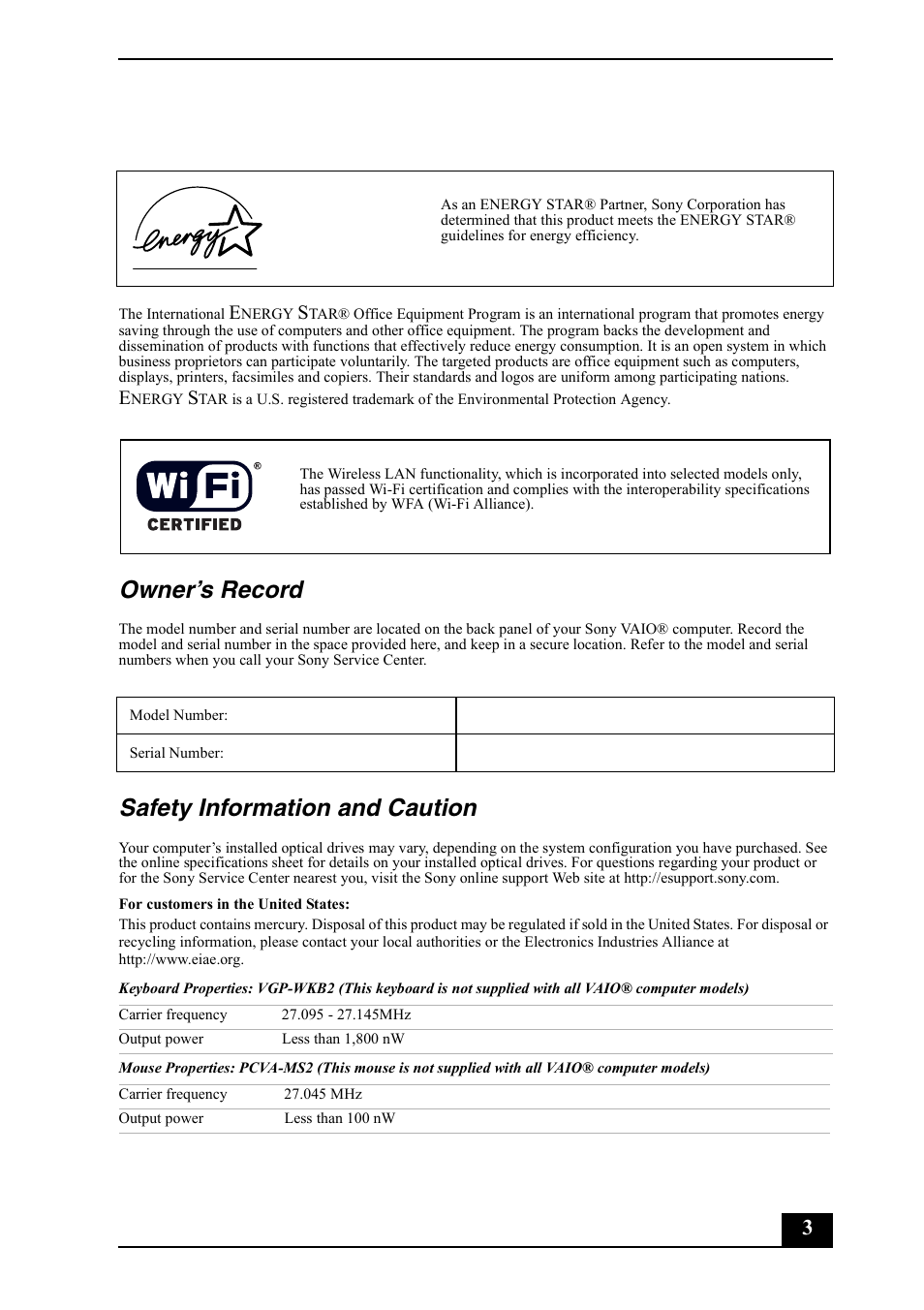 Owner’s record, Safety information and caution | Sony VGC-RC110G User Manual | Page 3 / 12