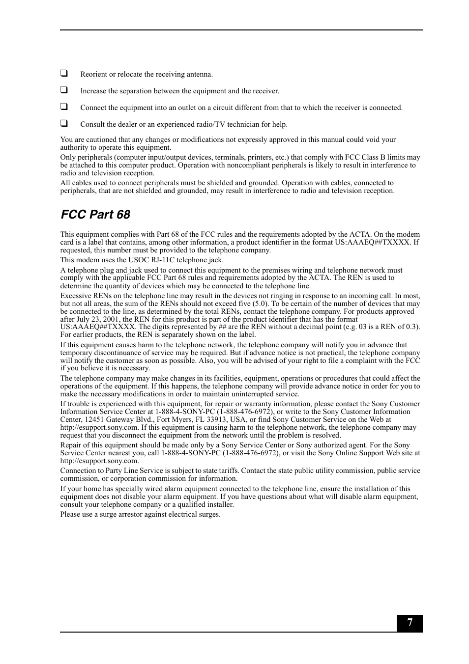 Fcc part 68 | Sony VGC-RC110G User Manual | Page 7 / 12
