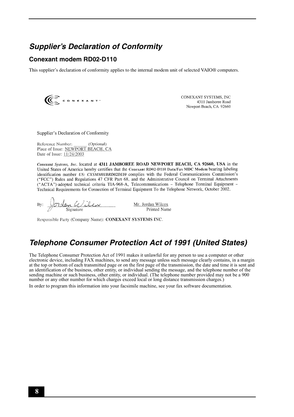 Supplier’s declaration of conformity | Sony VGC-RC110G User Manual | Page 8 / 12