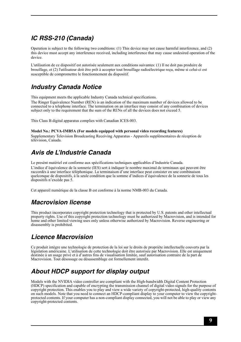 Ic rss-210 (canada), Industry canada notice, Avis de l’industrie canada | Macrovision license, Licence macrovision, About hdcp support for display output | Sony VGC-RC110G User Manual | Page 9 / 12