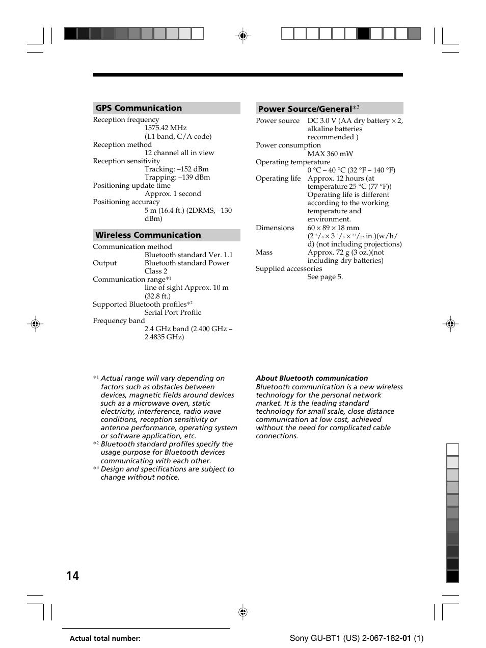 Specifications | Sony ZS-BT1 User Manual | Page 14 / 16