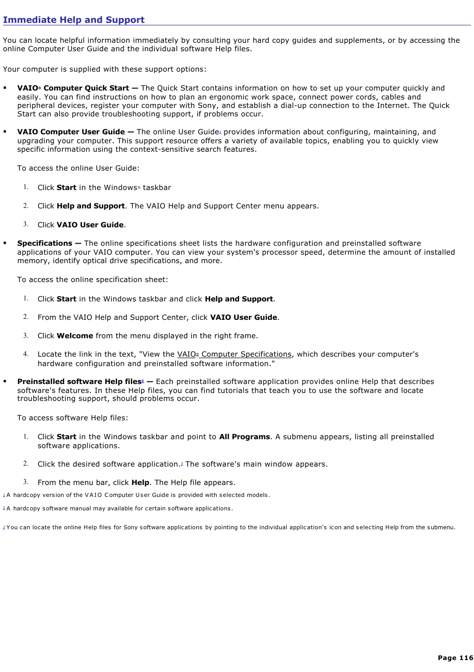 Immediate help and support | Sony PCV-RX450 User Manual | Page 116 / 119