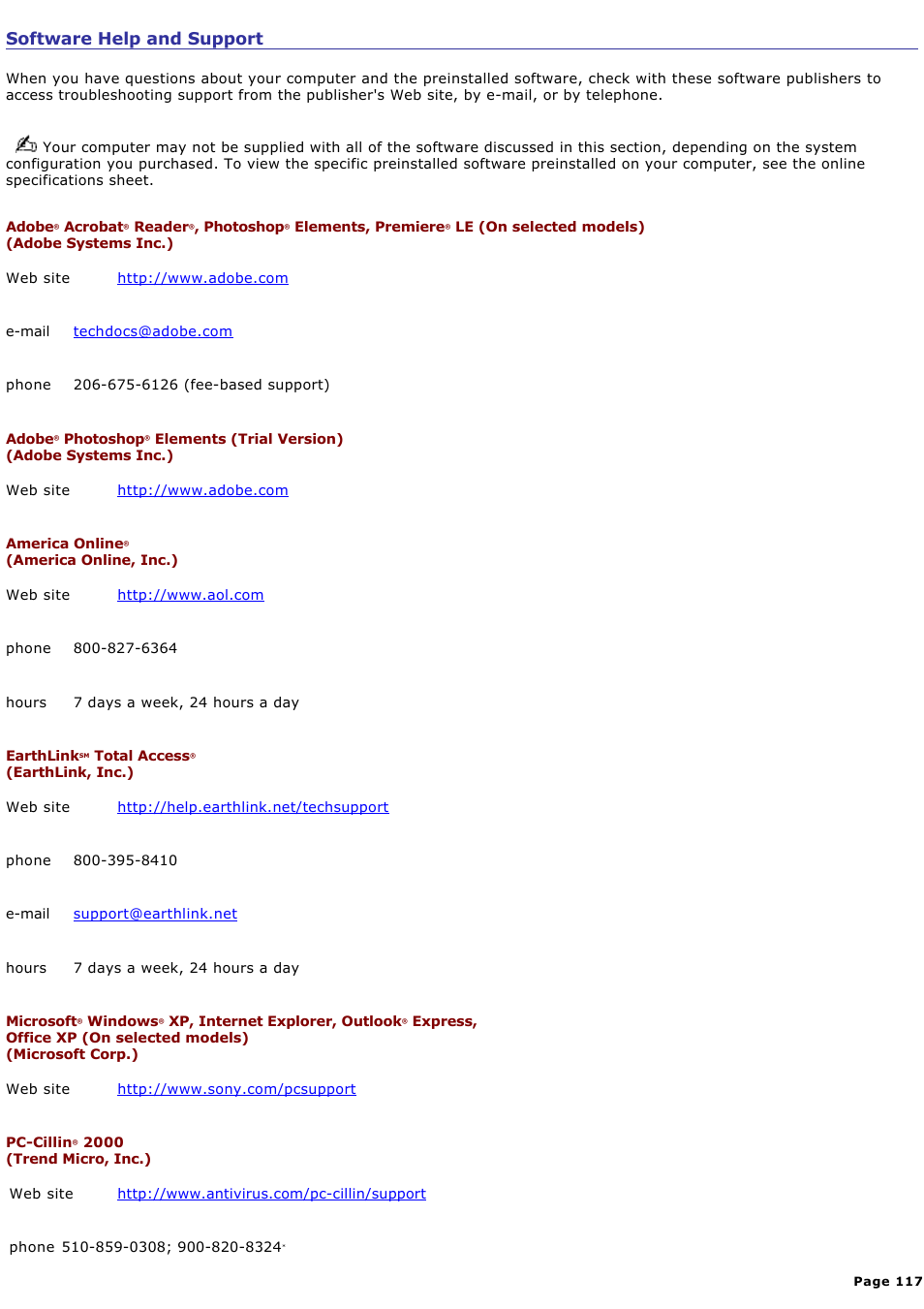 Software help and support | Sony PCV-RX450 User Manual | Page 117 / 119