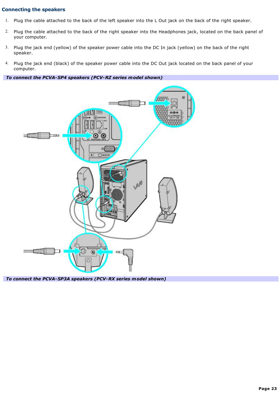 Connecting the speakers | Sony PCV-RX450 User Manual | Page 23 / 119