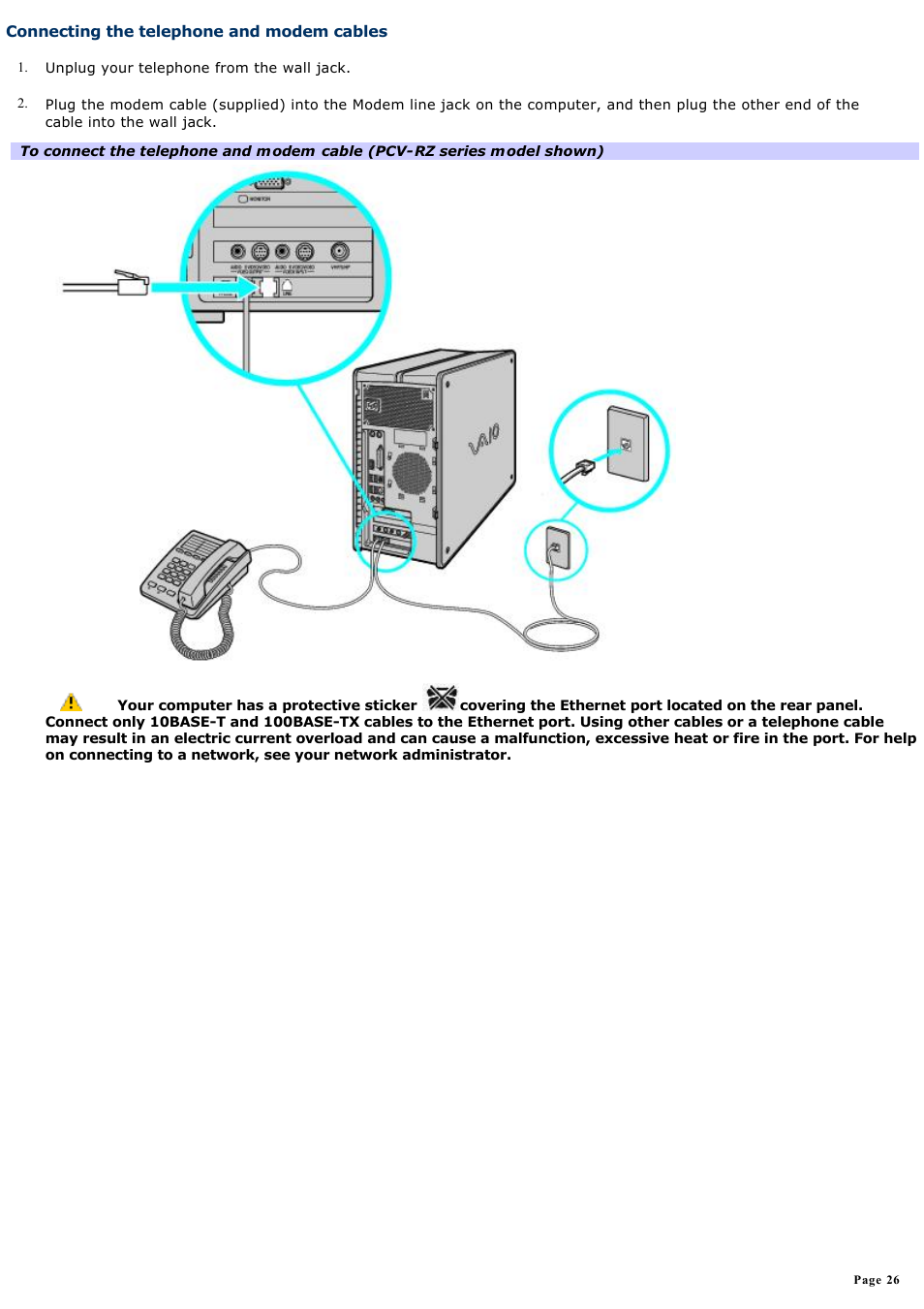 Connecting the telephone and modem cables | Sony PCV-RX450 User Manual | Page 26 / 119