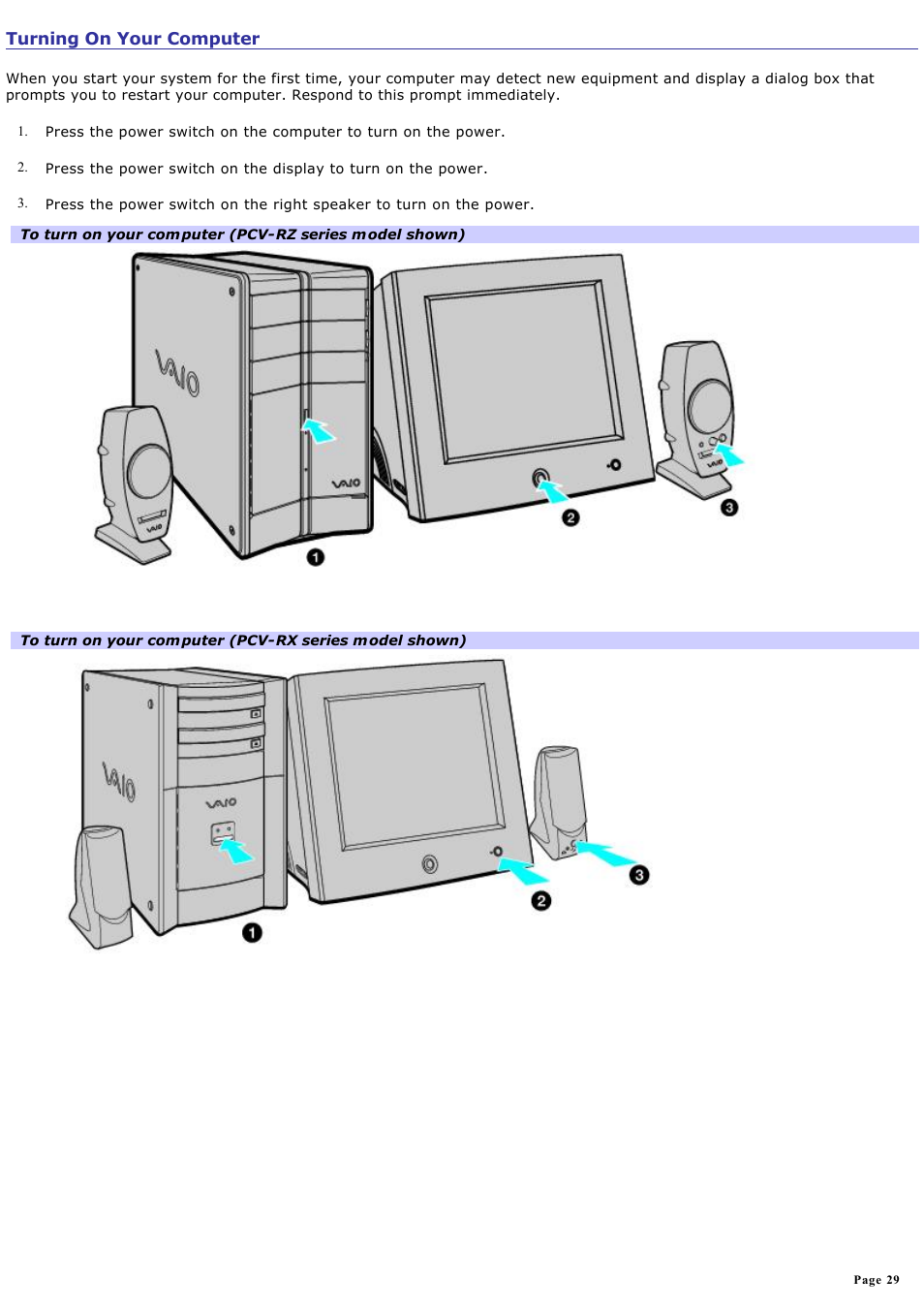 Turning on your computer | Sony PCV-RX450 User Manual | Page 29 / 119