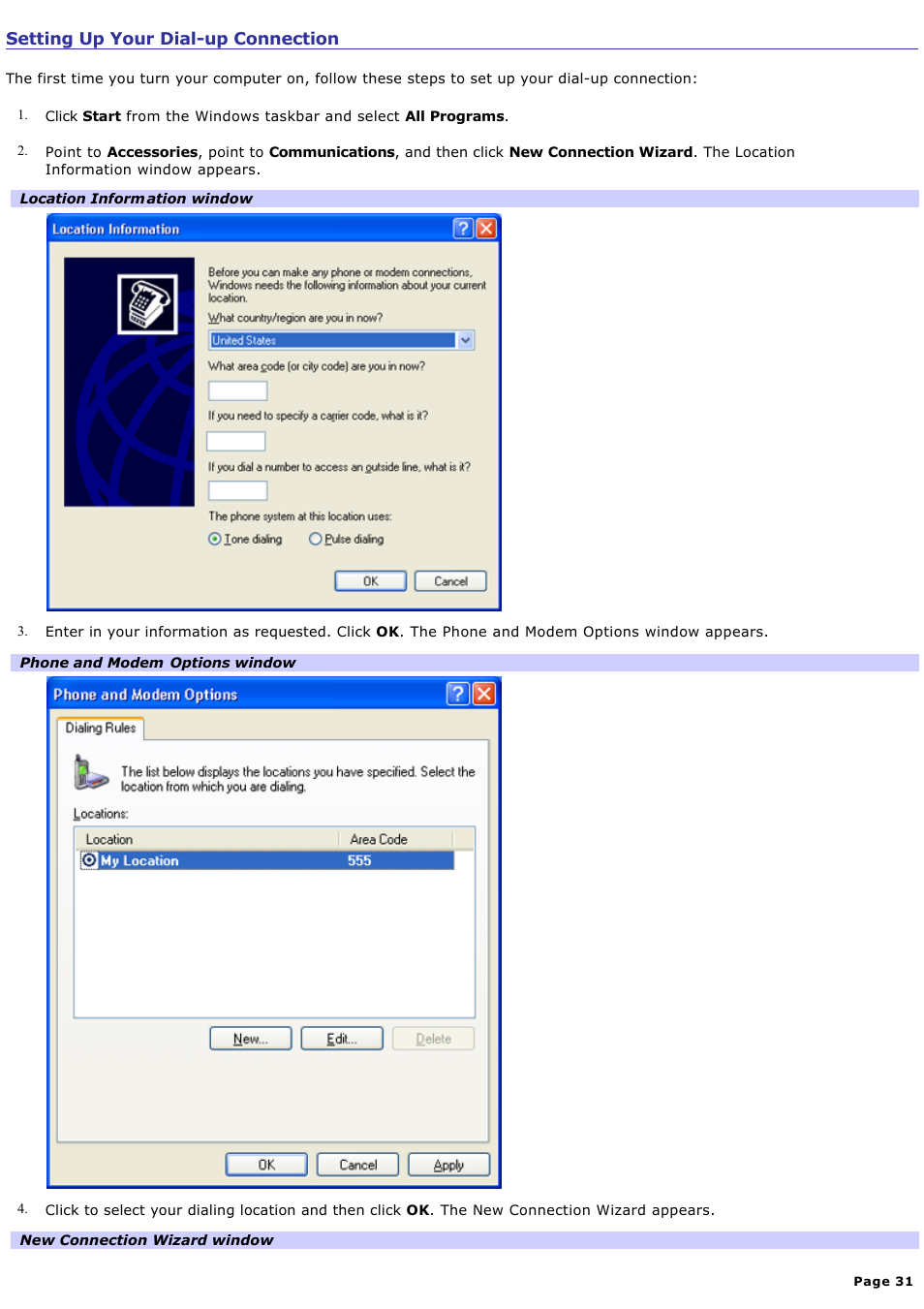 Setting up your dial-up connection | Sony PCV-RX450 User Manual | Page 31 / 119