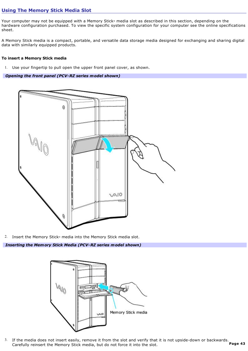 Using the memory stick media slot | Sony PCV-RX450 User Manual | Page 43 / 119