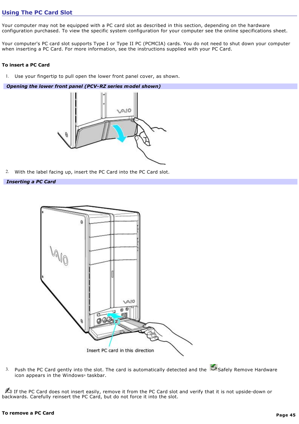 Using the pc card slot | Sony PCV-RX450 User Manual | Page 45 / 119