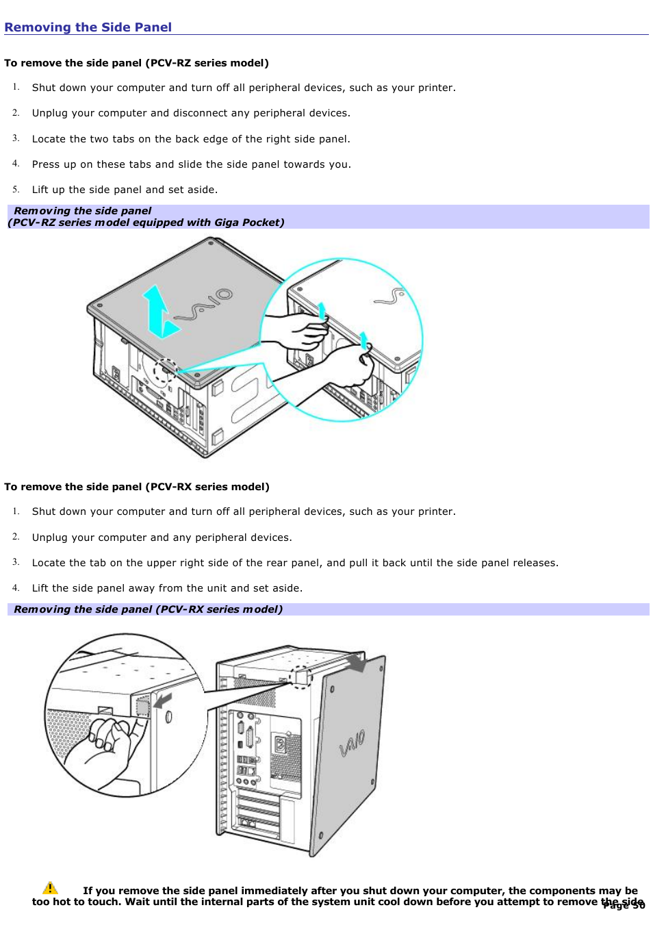 Removing the side panel | Sony PCV-RX450 User Manual | Page 50 / 119