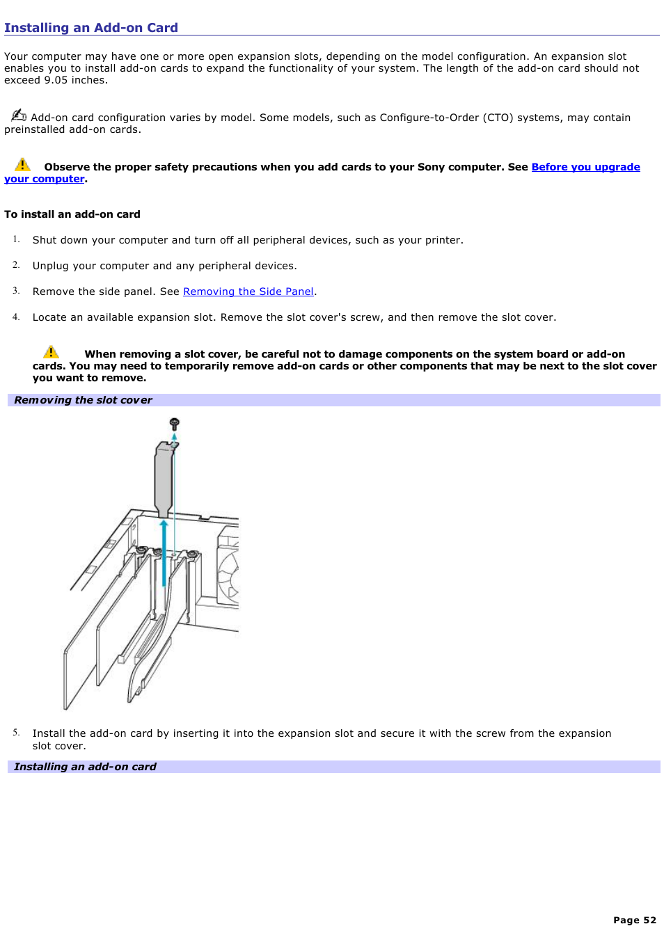 Installing an add-on card | Sony PCV-RX450 User Manual | Page 52 / 119