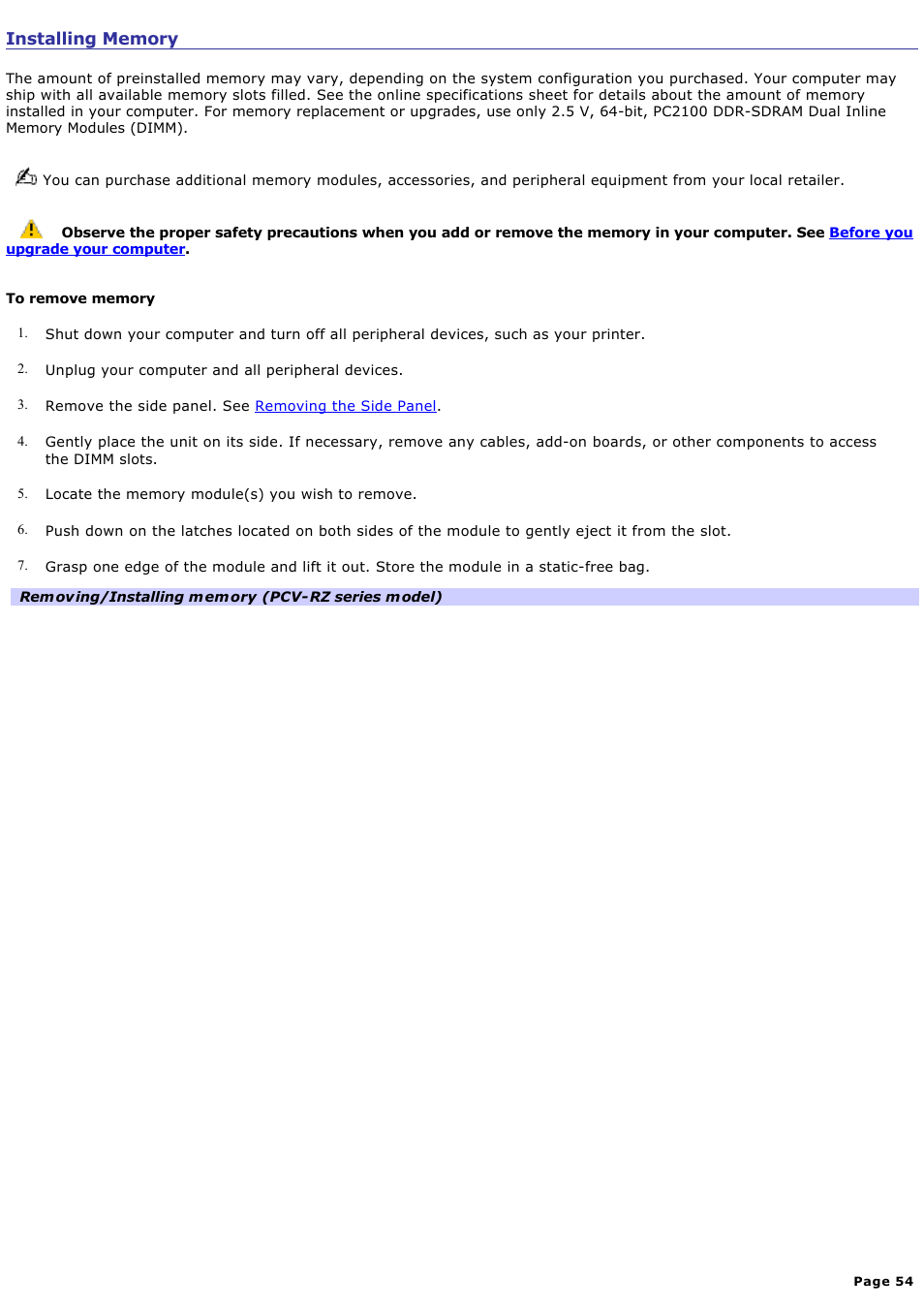 Installing memory | Sony PCV-RX450 User Manual | Page 54 / 119