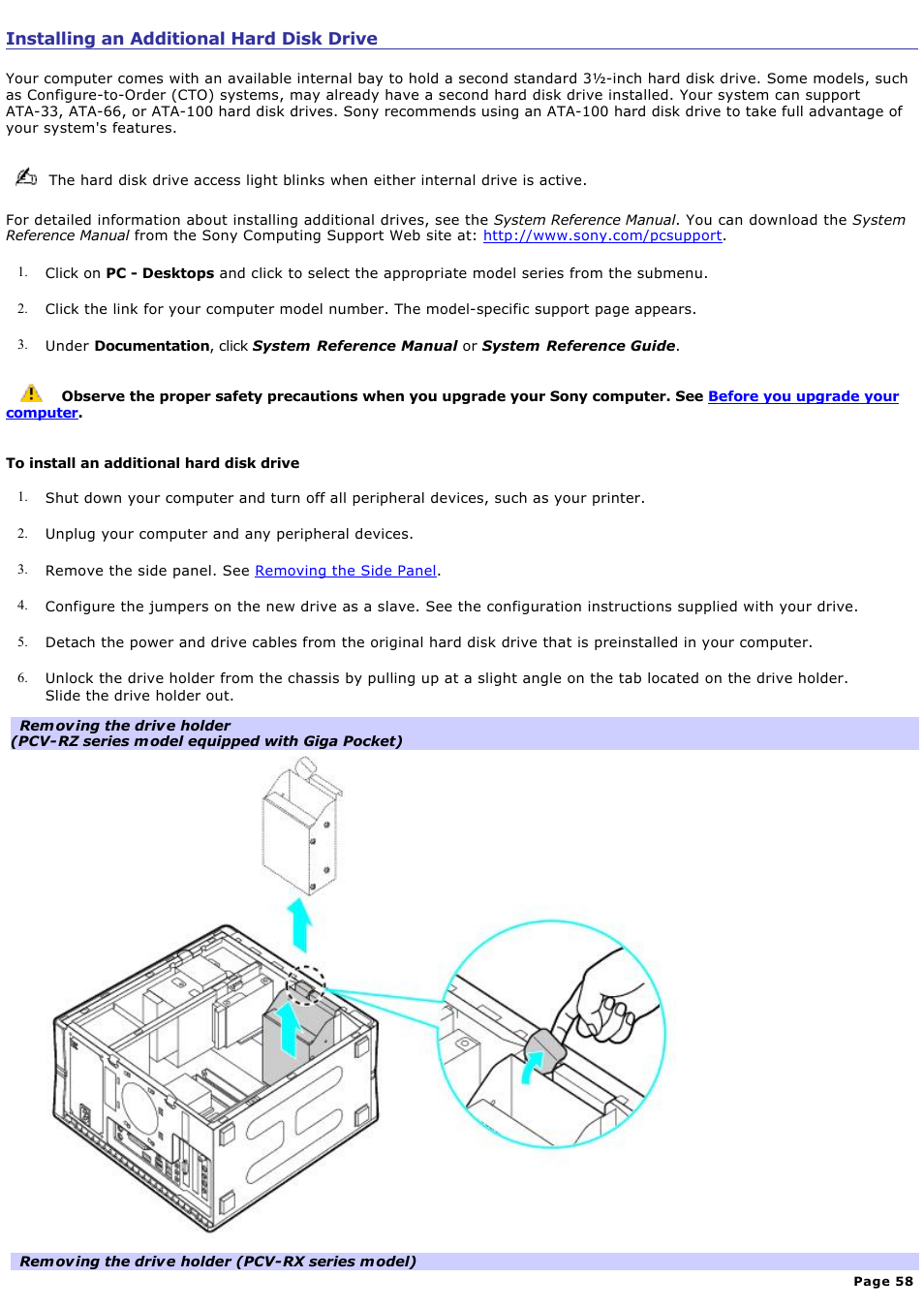 Installing an additional hard disk drive | Sony PCV-RX450 User Manual | Page 58 / 119