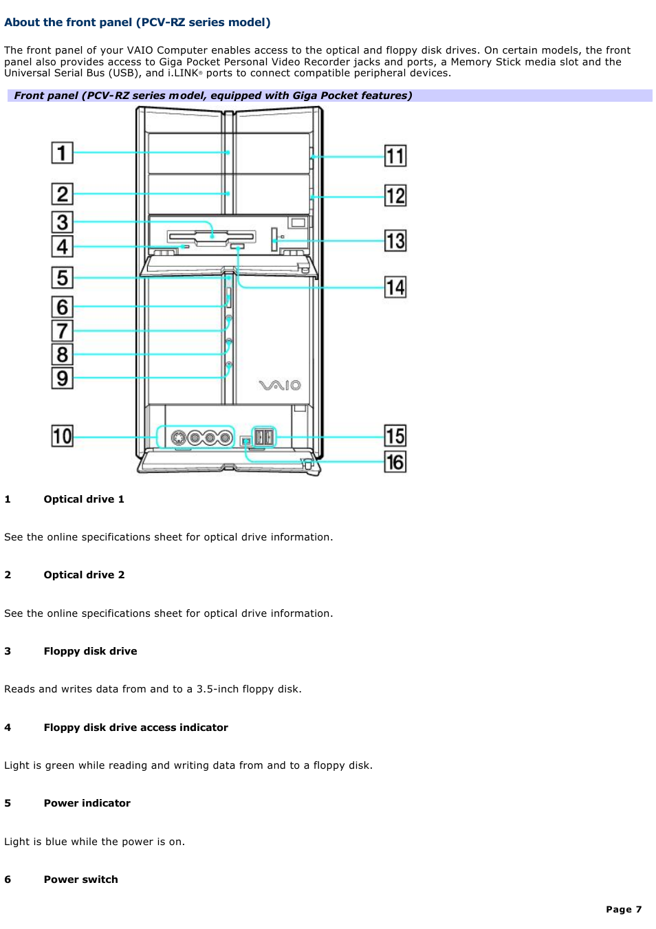 About the front panel (pcv-rz series model) | Sony PCV-RX450 User Manual | Page 7 / 119