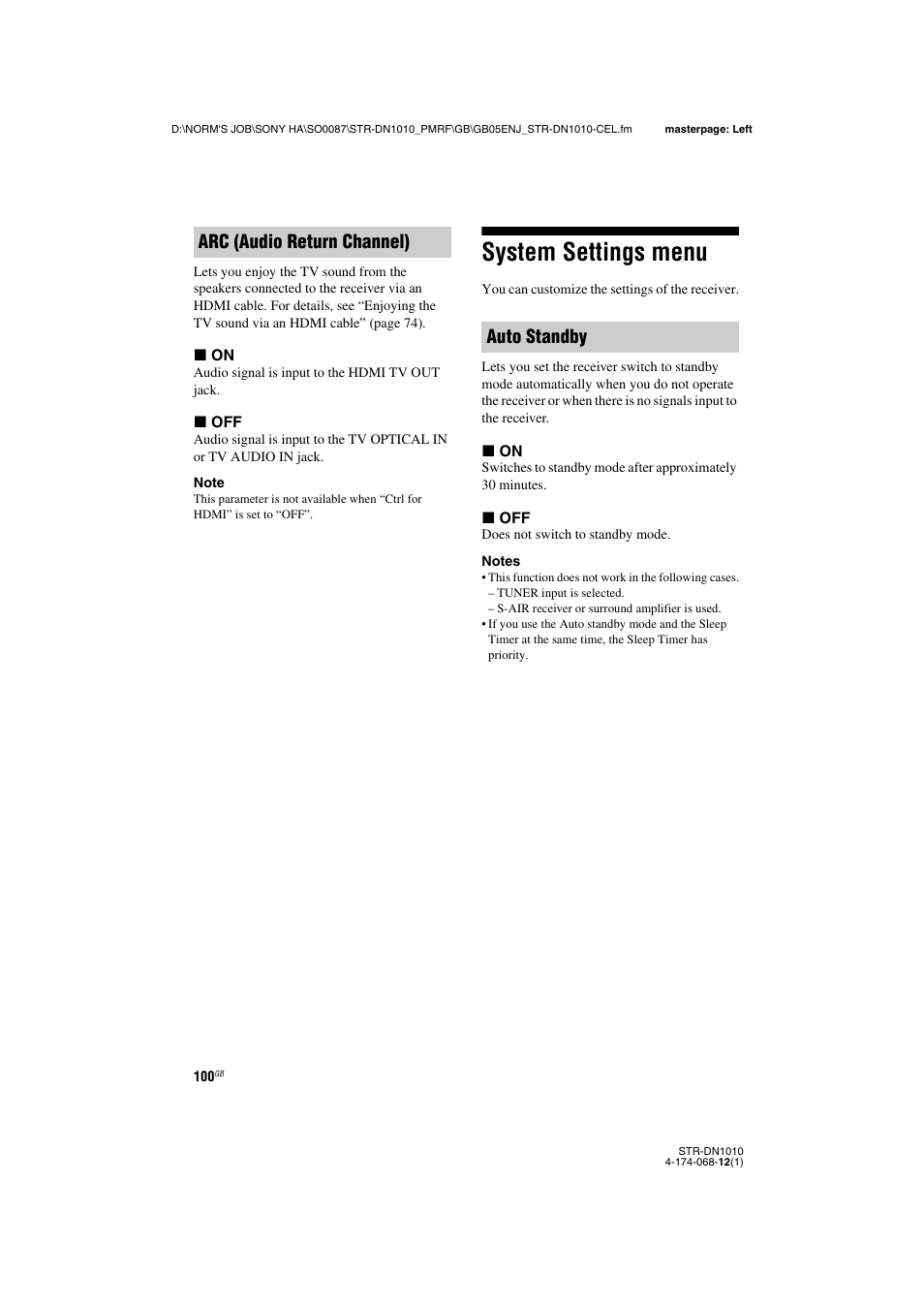 System settings menu, Arc (audio return channel) auto standby | Sony STR-DN1010 User Manual | Page 100 / 136