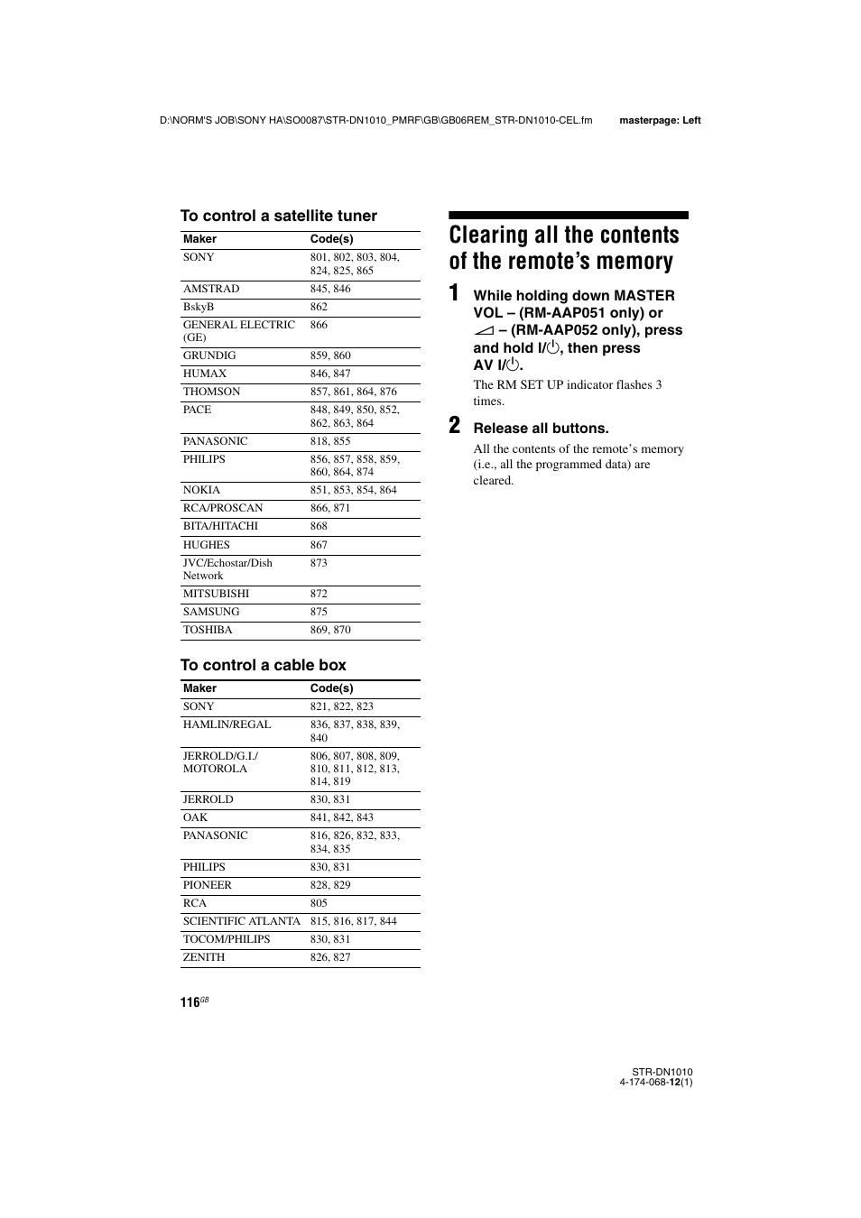 Clearing all the contents of the remote’s memory, Clearing all the contents of the remote’s, Memory | Sony STR-DN1010 User Manual | Page 116 / 136
