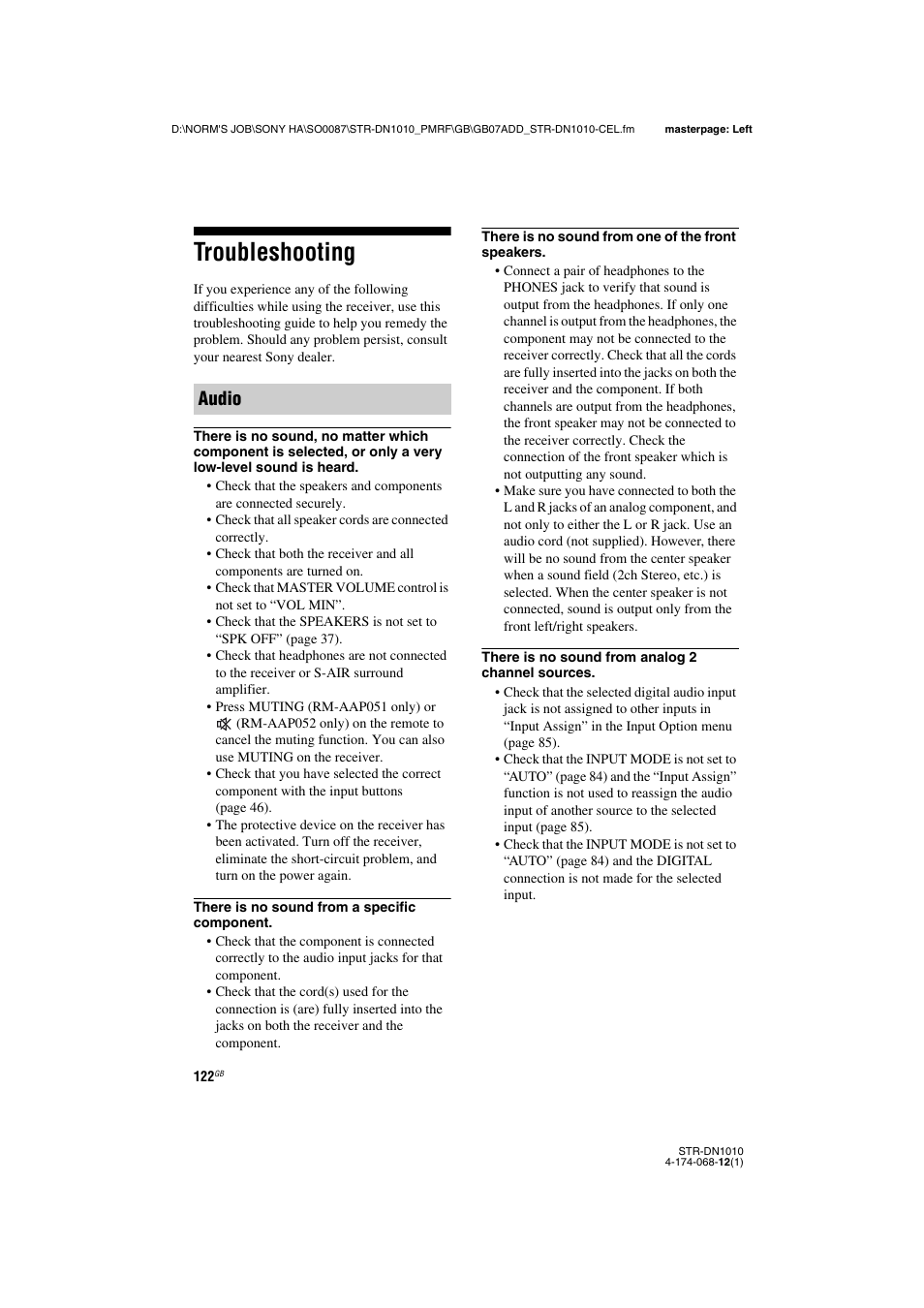 Troubleshooting, Audio | Sony STR-DN1010 User Manual | Page 122 / 136