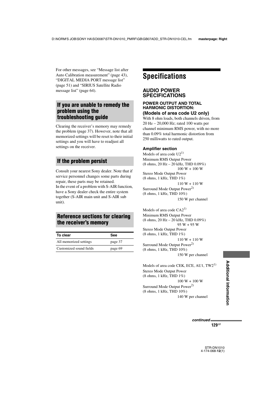 Specifications | Sony STR-DN1010 User Manual | Page 129 / 136