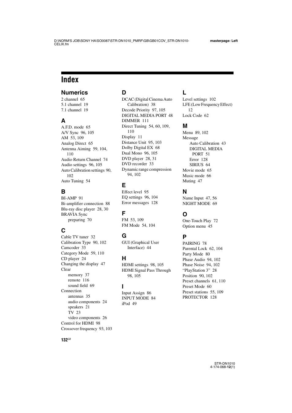 Index, Numerics | Sony STR-DN1010 User Manual | Page 132 / 136