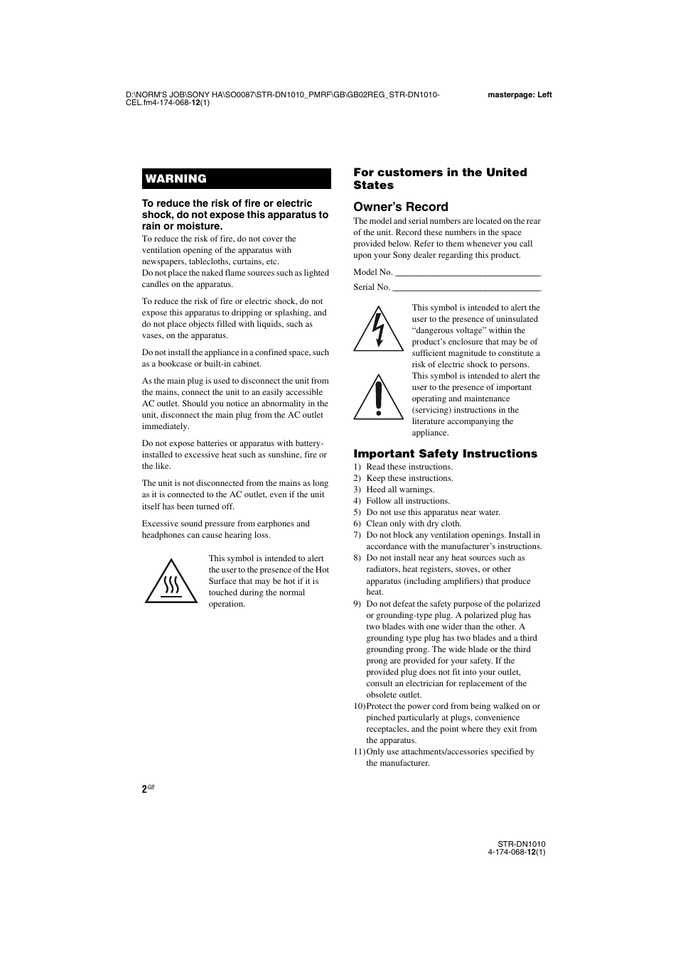 Owner’s record | Sony STR-DN1010 User Manual | Page 2 / 136
