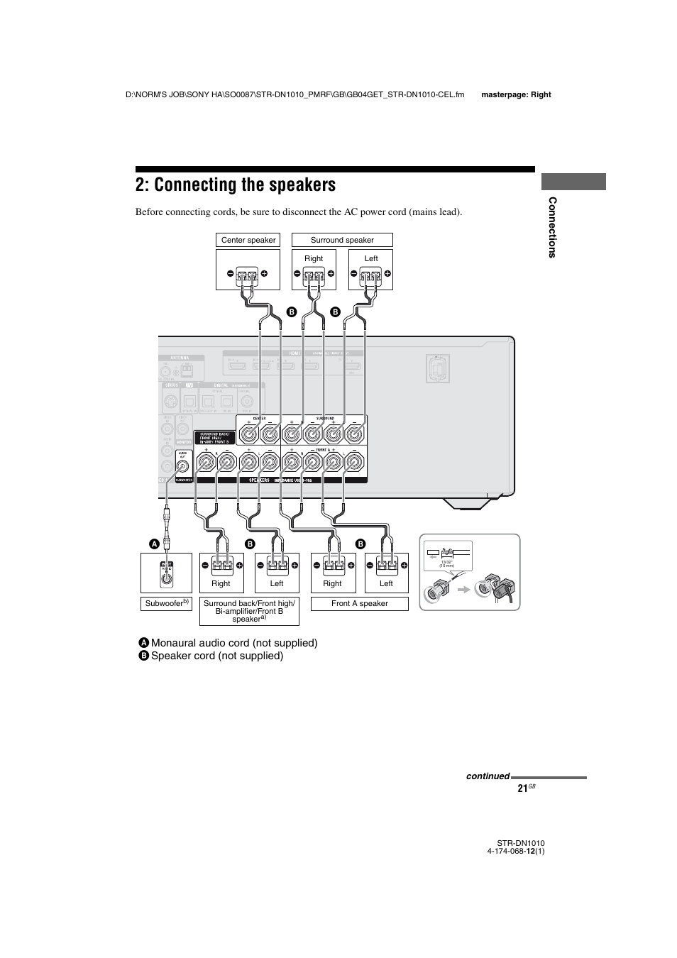 Connecting the speakers | Sony STR-DN1010 User Manual | Page 21 / 136