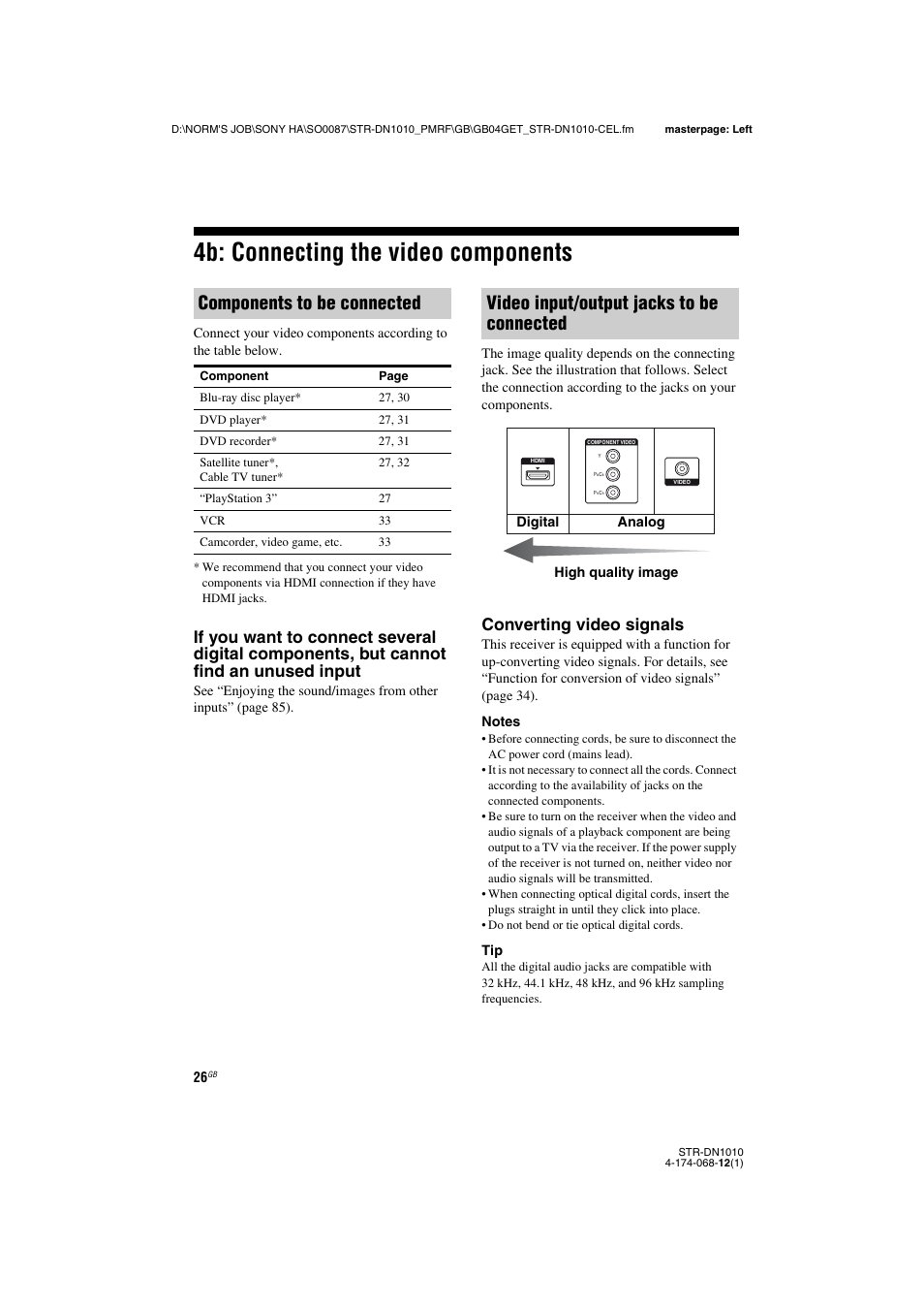 4b: connecting the video components, Components to be connected, Video input/output jacks to be connected | Converting video signals | Sony STR-DN1010 User Manual | Page 26 / 136