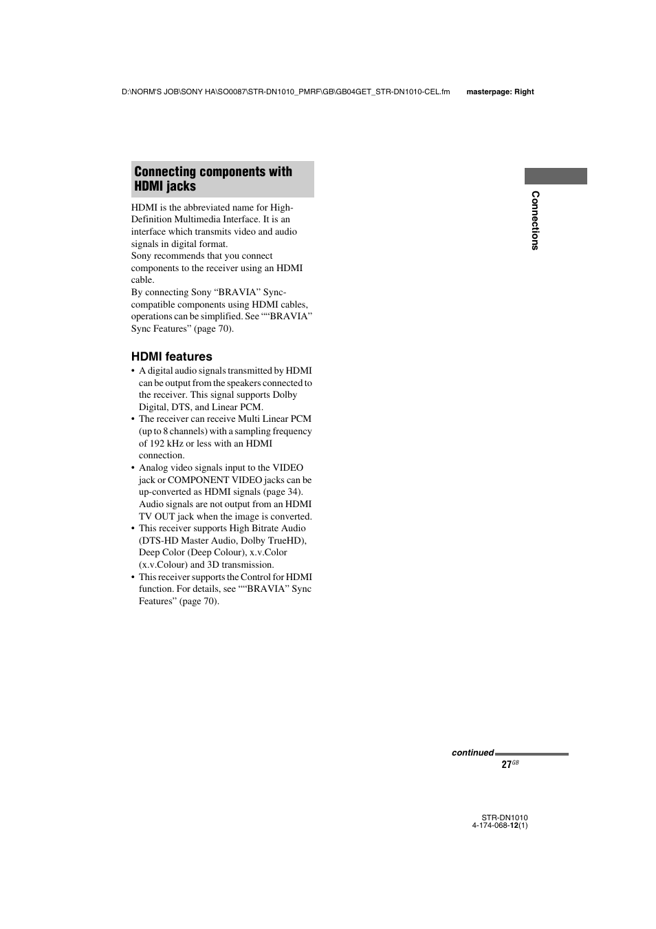 Connecting components with hdmi jacks, Hdmi features | Sony STR-DN1010 User Manual | Page 27 / 136
