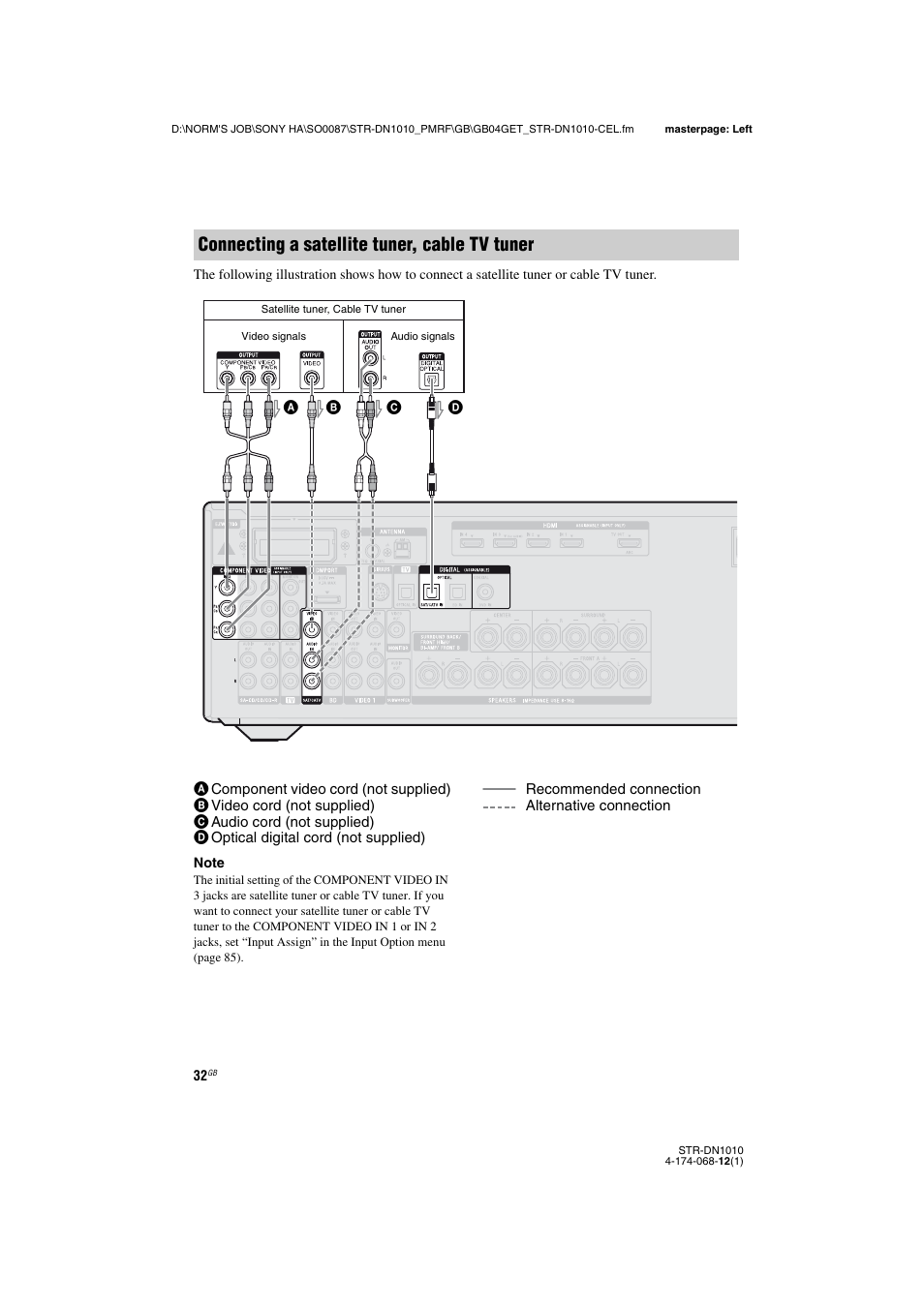 Connecting a satellite tuner, cable tv tuner | Sony STR-DN1010 User Manual | Page 32 / 136