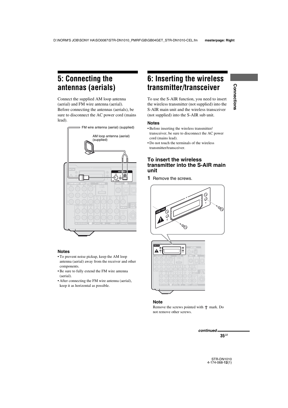 Connecting the antennas (aerials), Inserting the wireless transmitter/transceiver, Transceiver | Sony STR-DN1010 User Manual | Page 35 / 136