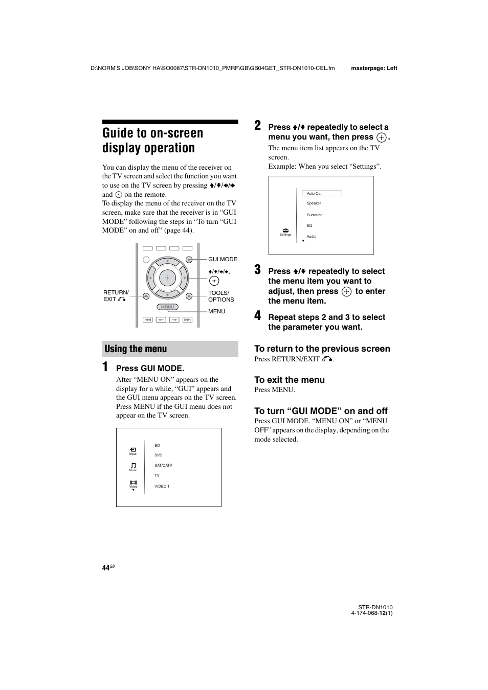 Guide to on-screen display operation, Using the menu | Sony STR-DN1010 User Manual | Page 44 / 136