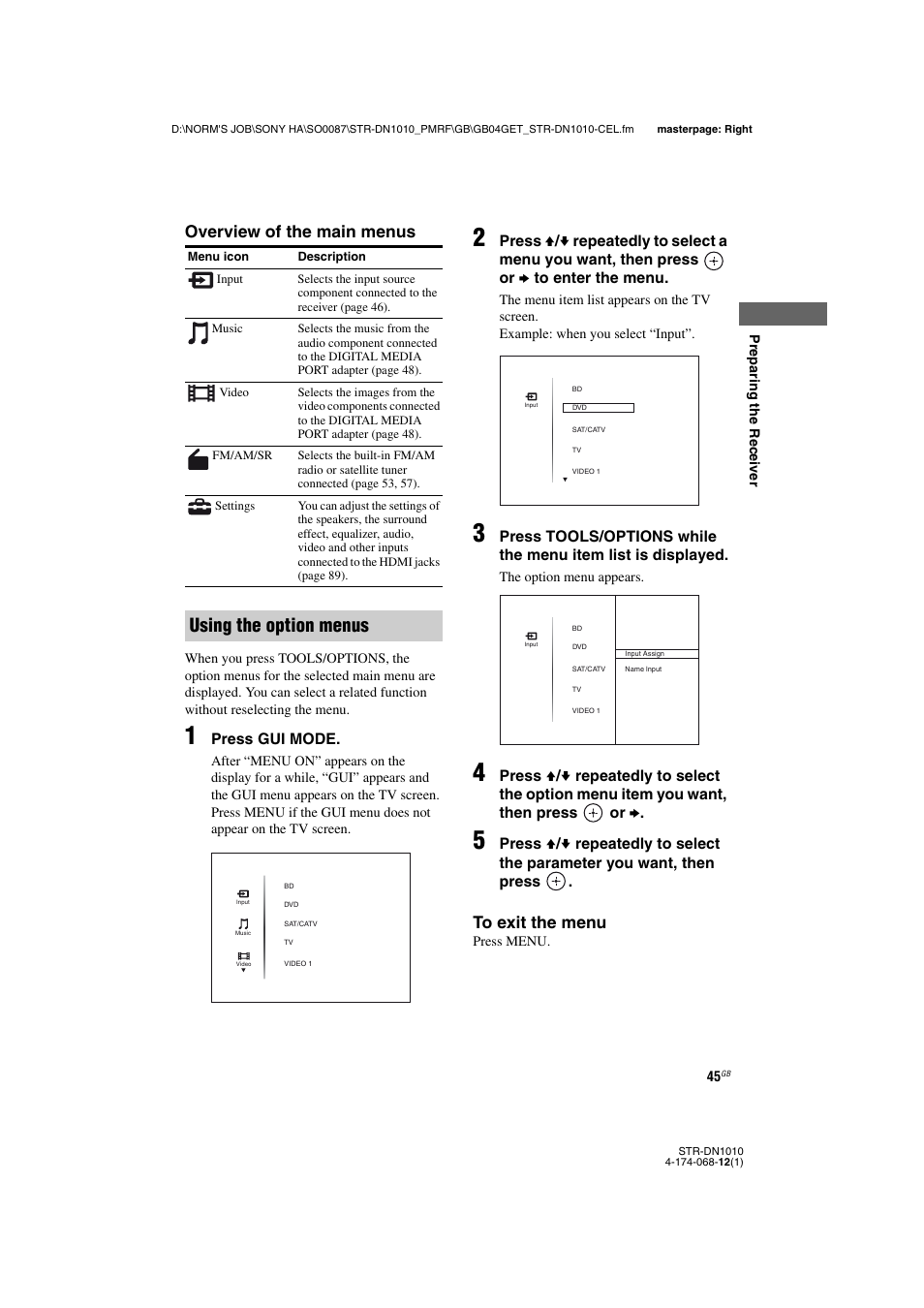 Using the option menus, Overview of the main menus | Sony STR-DN1010 User Manual | Page 45 / 136