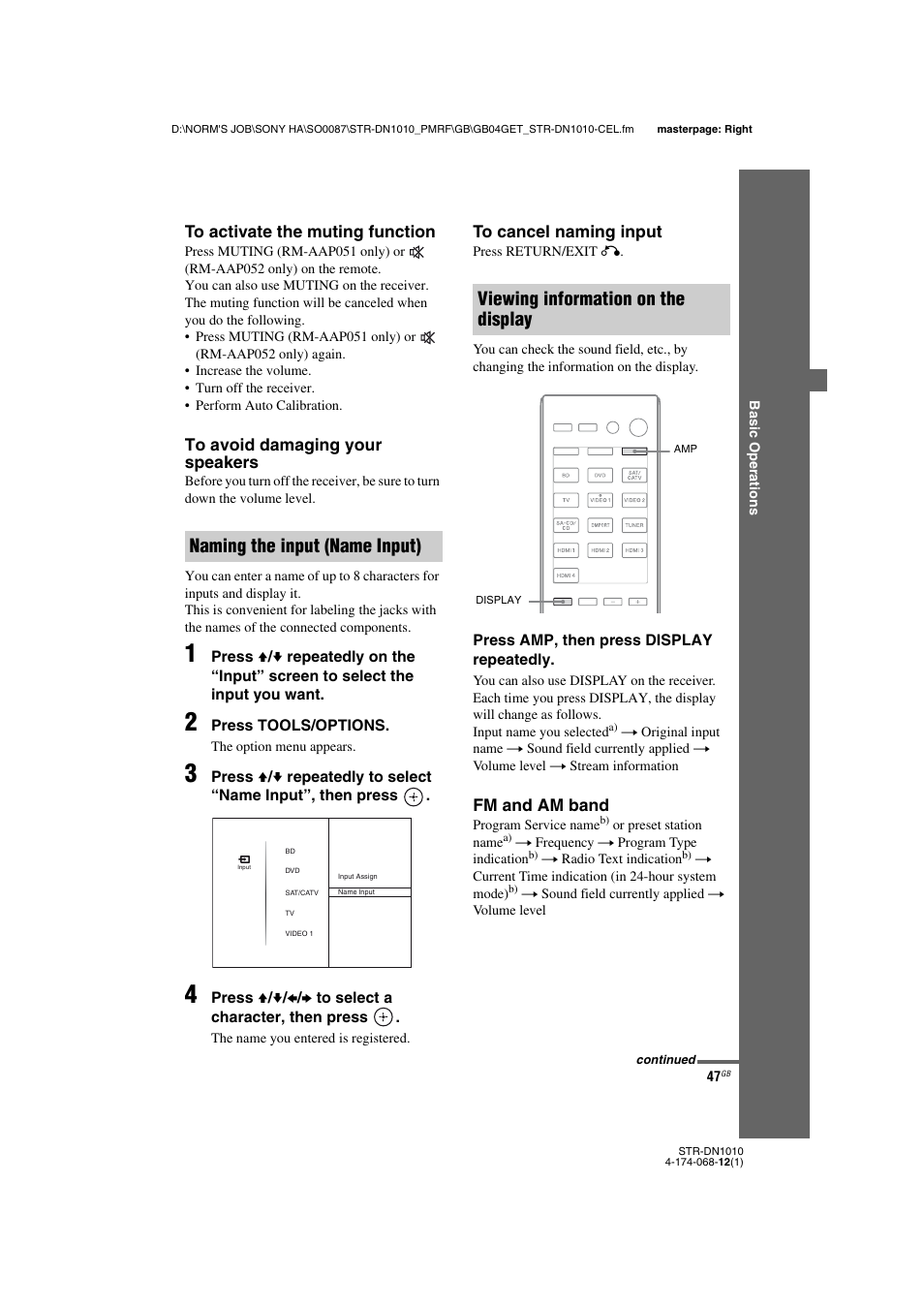 Age 47, Naming the input (name input), Viewing information on the display | Sony STR-DN1010 User Manual | Page 47 / 136