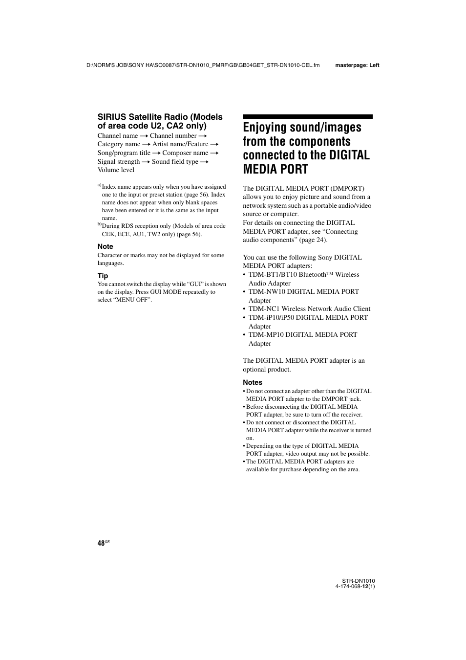 Enjoying sound/images from the components, Connected to the digital media, Port | Sony STR-DN1010 User Manual | Page 48 / 136