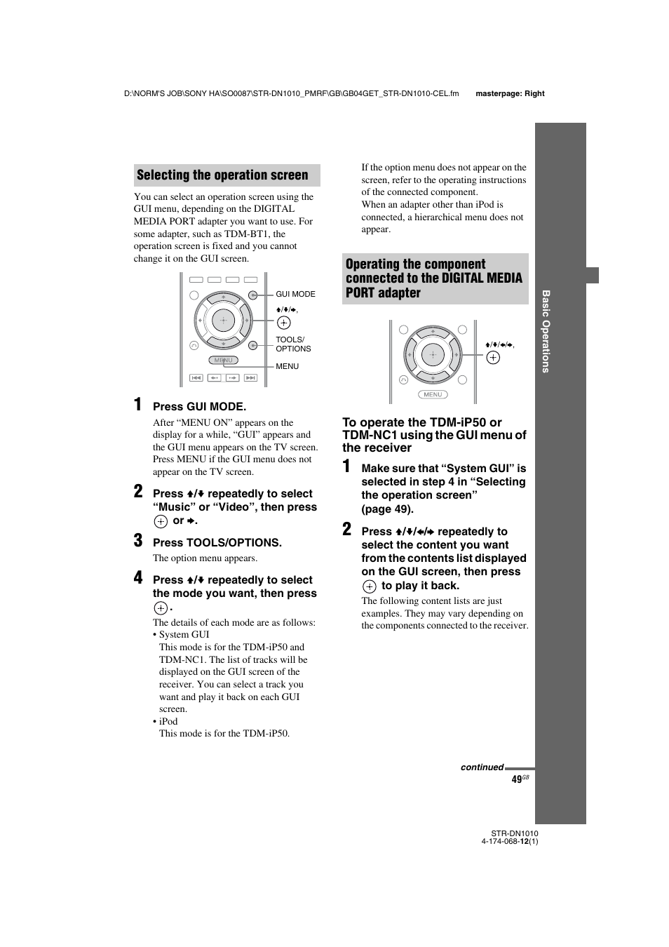 Selecting the operation screen | Sony STR-DN1010 User Manual | Page 49 / 136