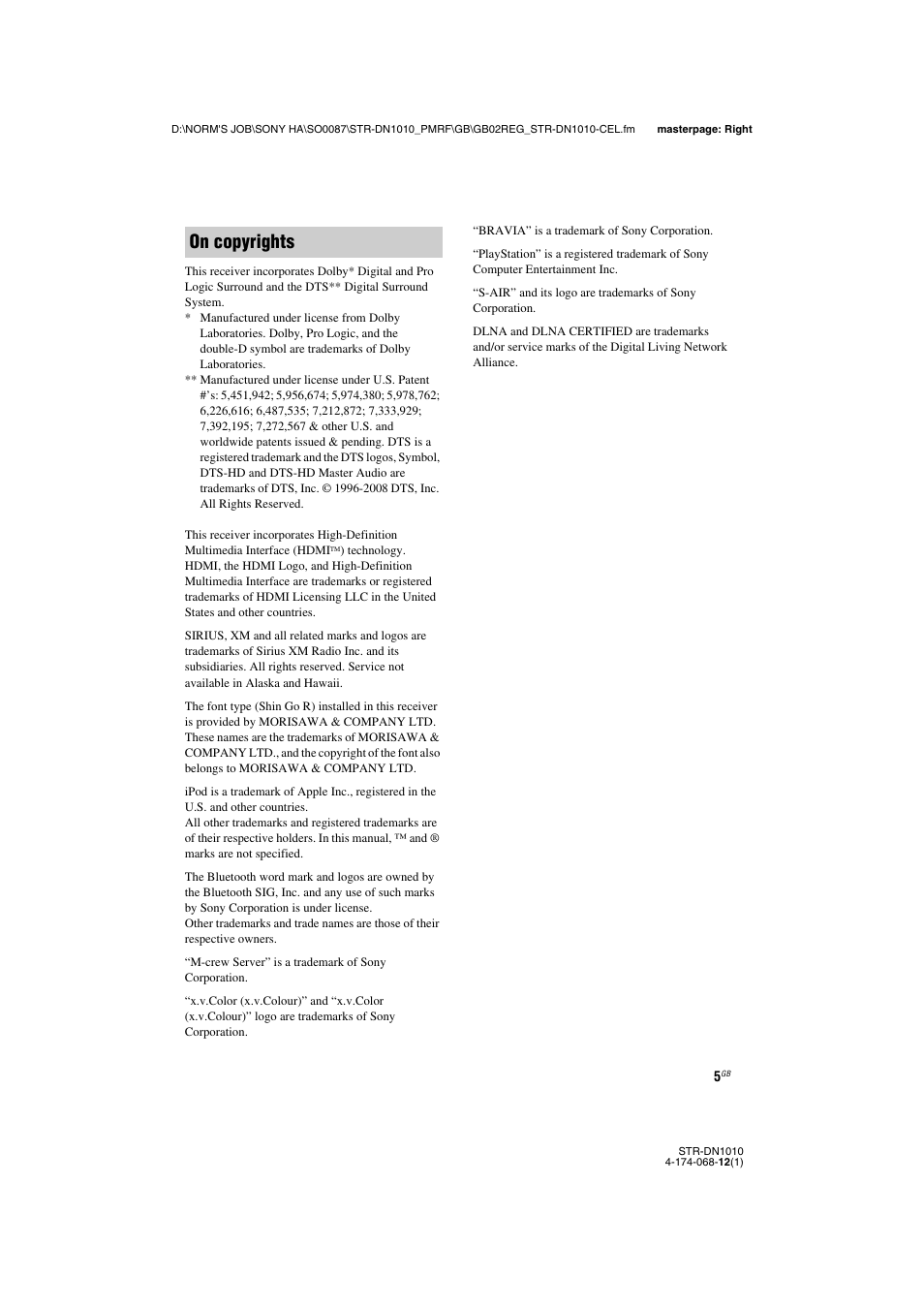 On copyrights | Sony STR-DN1010 User Manual | Page 5 / 136
