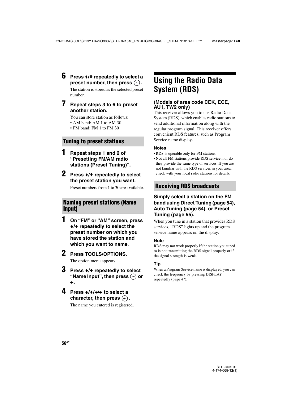 Using the radio data system (rds), Models of area code cek, ece, au1, tw2 only) | Sony STR-DN1010 User Manual | Page 56 / 136