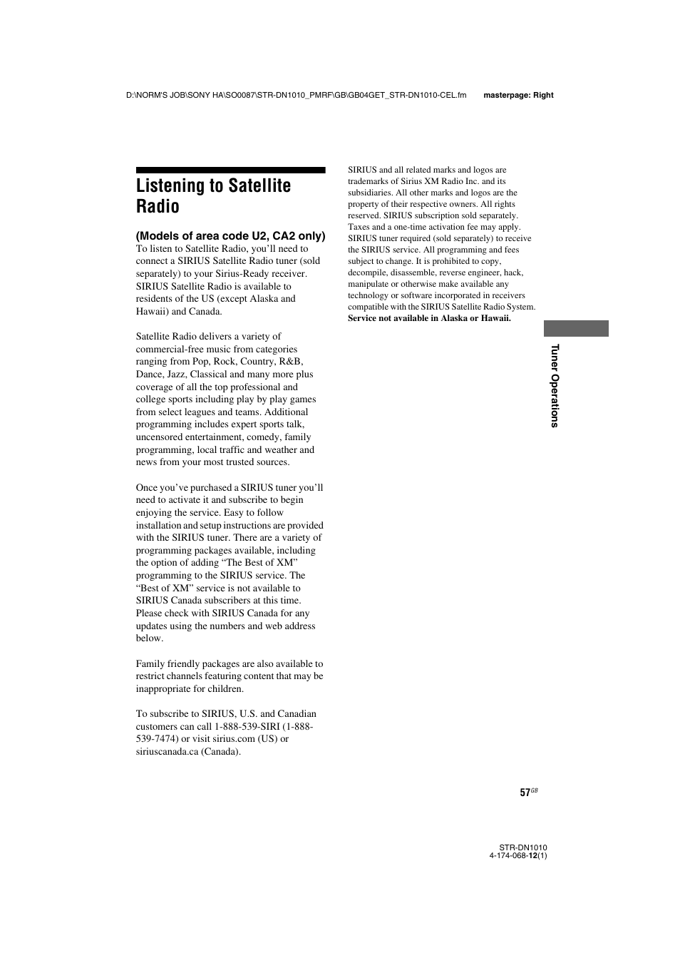 Listening to satellite radio, Models of area code u2, ca2 only) | Sony STR-DN1010 User Manual | Page 57 / 136