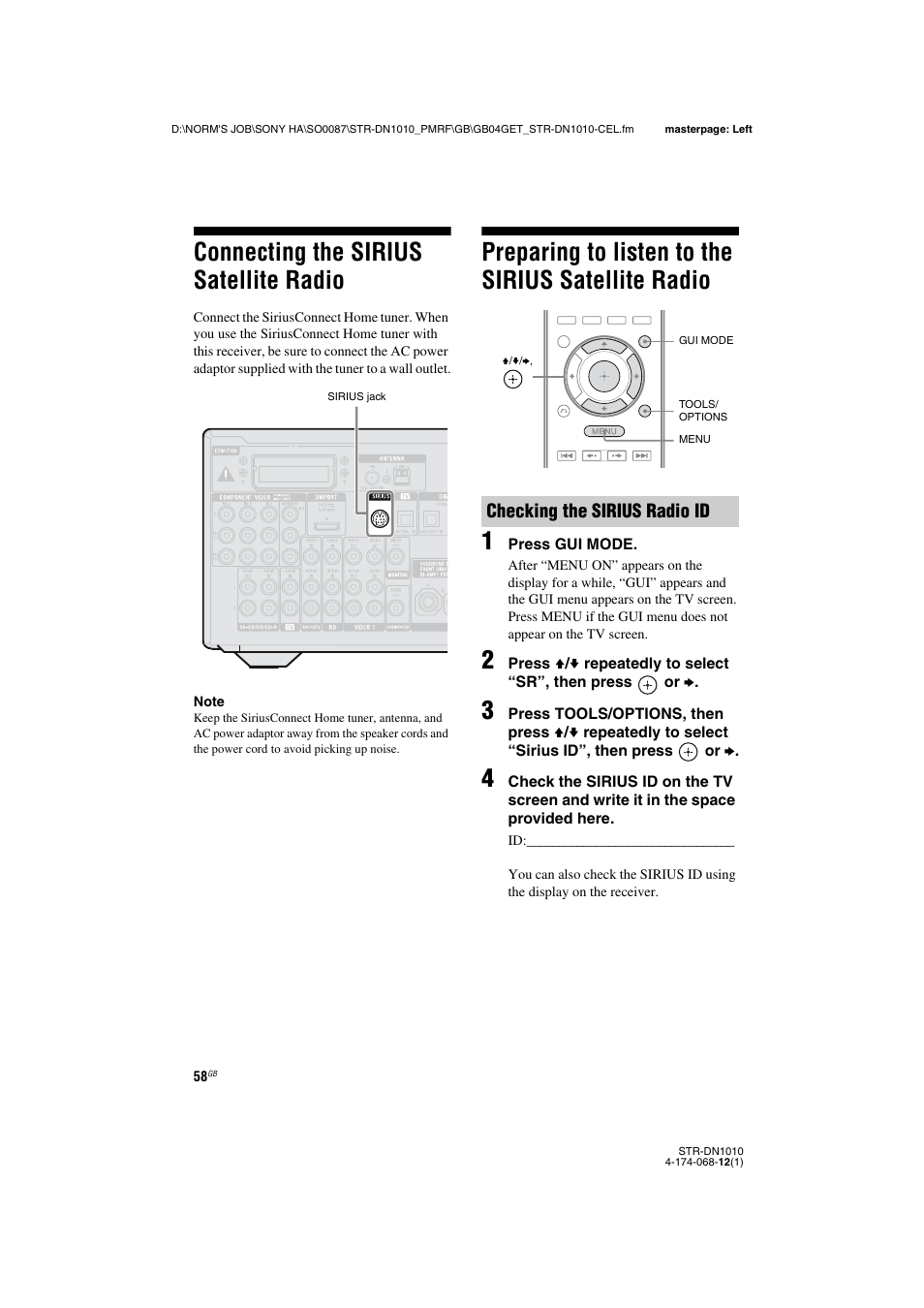 Connecting the sirius satellite radio, Preparing to listen to the sirius satellite radio, Radio | Checking the sirius radio id | Sony STR-DN1010 User Manual | Page 58 / 136